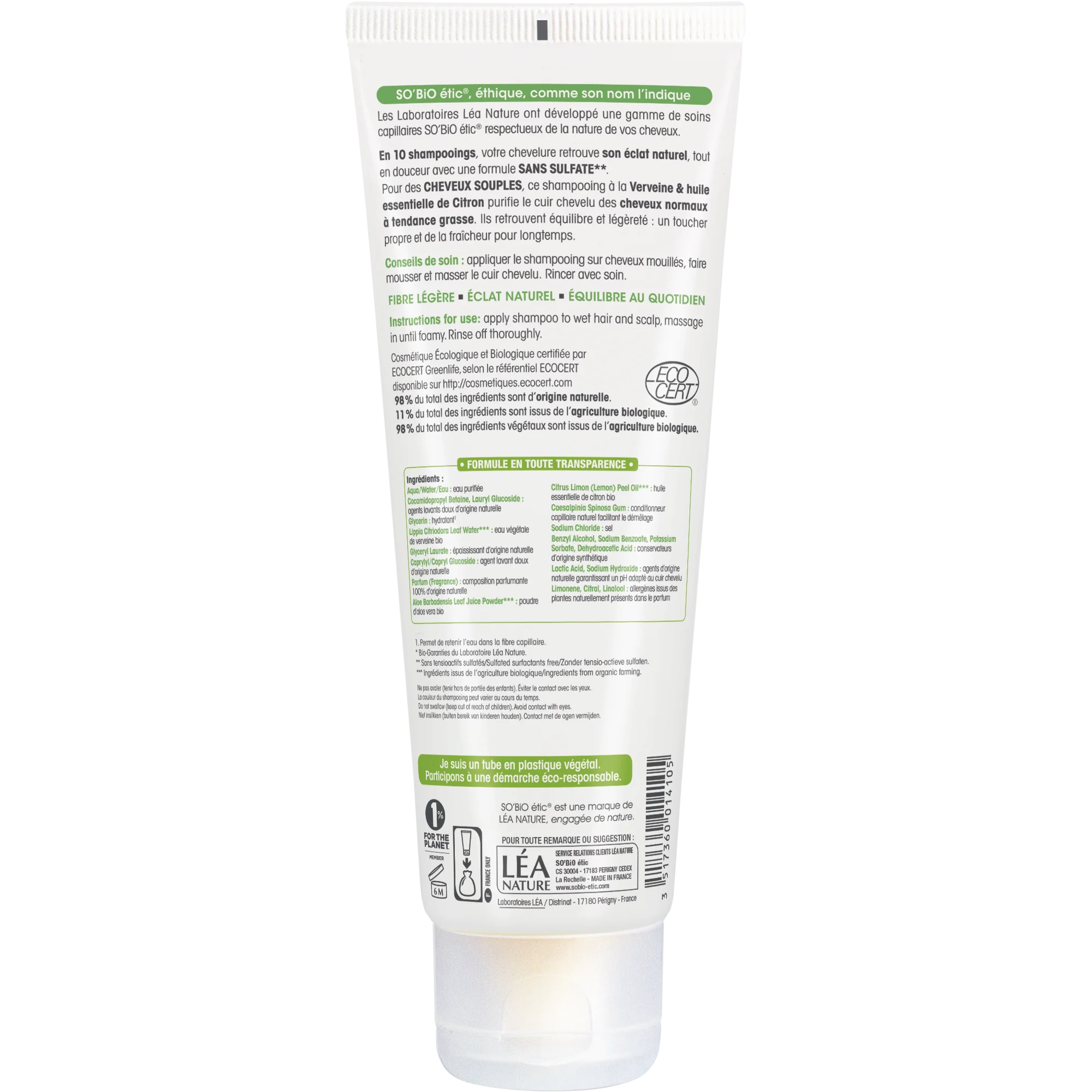 SO’BiO étic Champô suave BIO de verbena e limão (250 ml) - ideal para cabelos oleosos