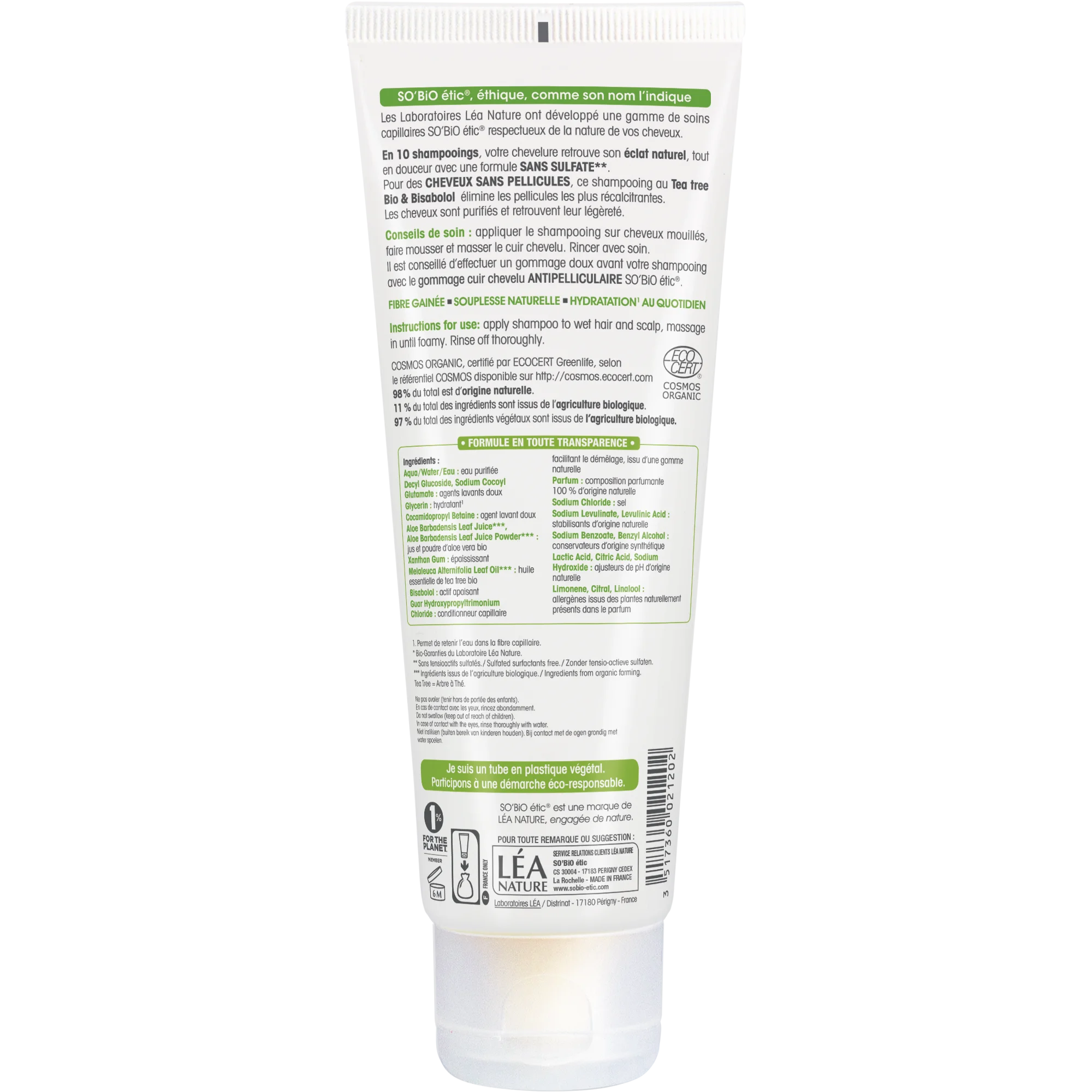 SO’BiO étic Champô anticaspa BIO com tea tree e bisabolol (250 ml) - com sumo de aloe vera