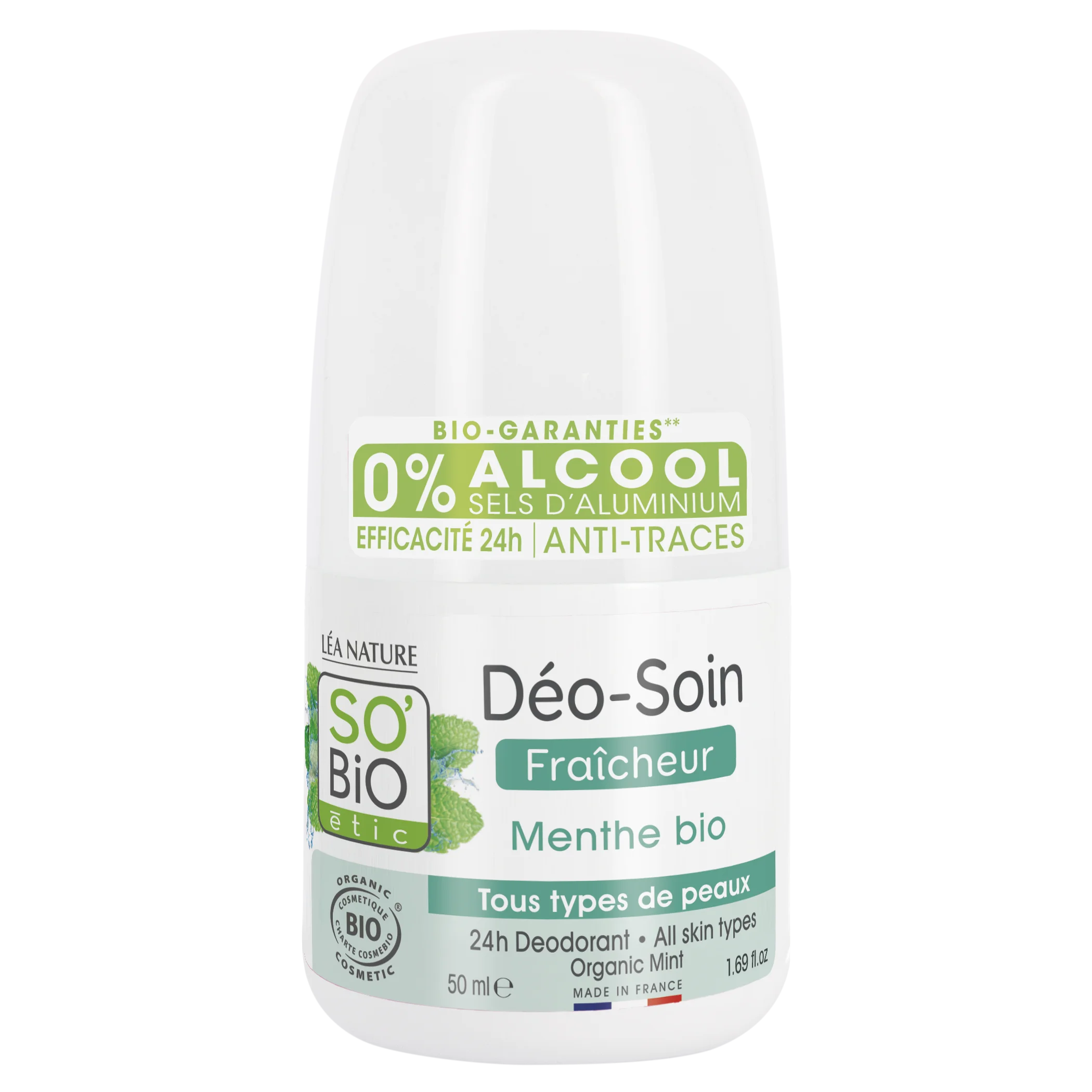 SO’BiO étic Desodorizante roll-on 24h refrescante com hortelã BIO (50 ml) - eficaz até 24 horas