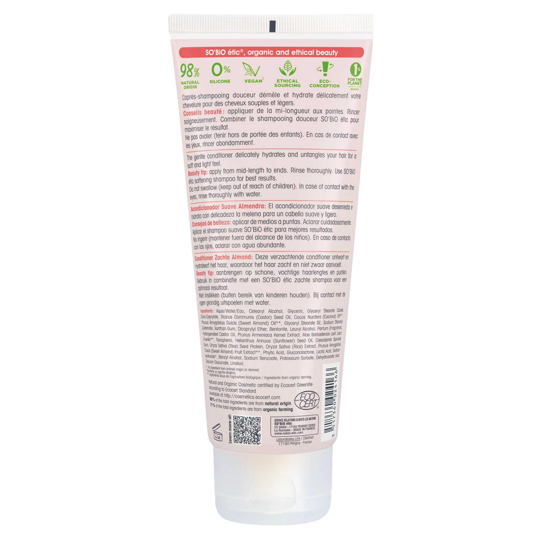 SO’BiO étic Condicionador capilar com leite de amêndoas e proteínas de arroz BIO (200 ml) - para todos os tipos de cabelo
