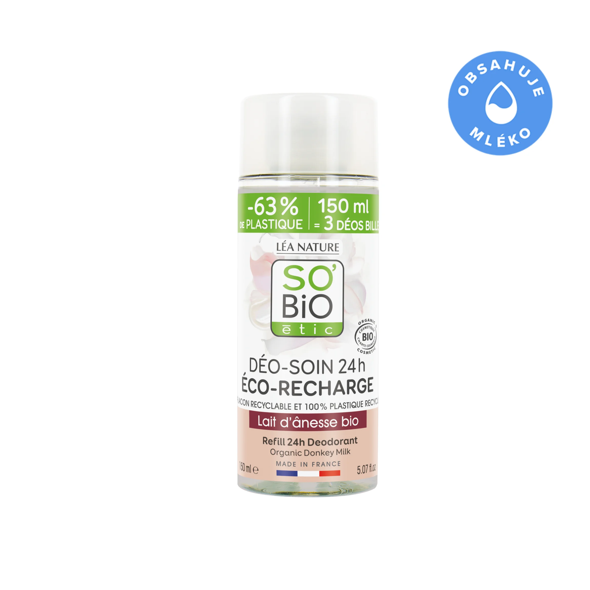 SO’BiO étic Recarga para desodorizante roll-on 24h hidratante com leite de burra BIO (150 ml) - uma recarga substitui três roll-ons