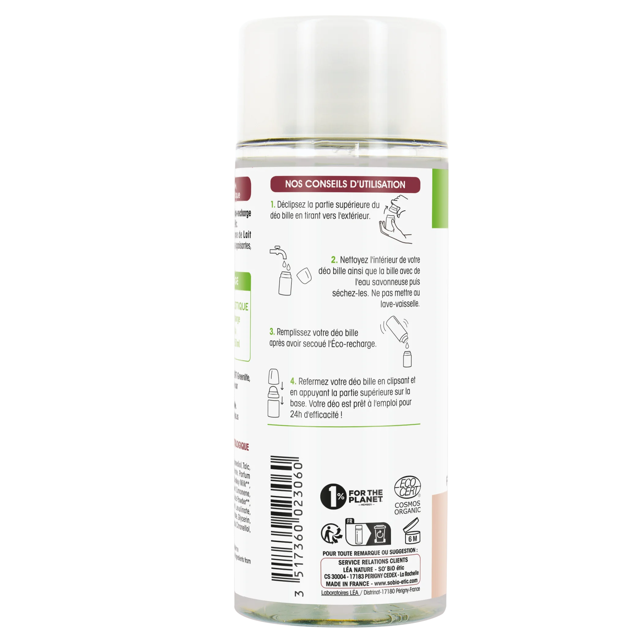 SO’BiO étic Recarga para desodorizante roll-on 24h hidratante com leite de burra BIO (150 ml) - uma recarga substitui três roll-ons