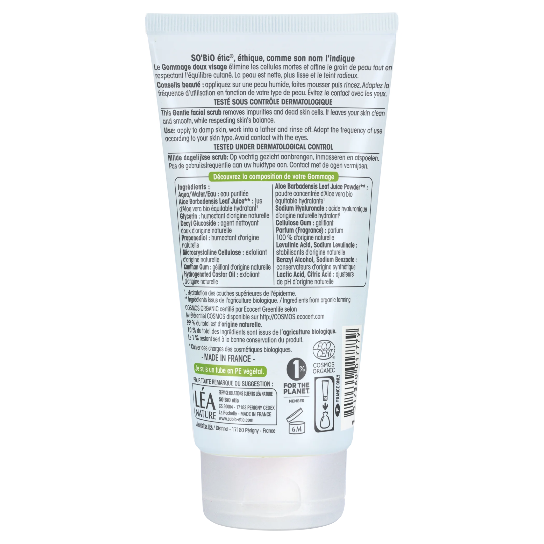 SO’BiO étic Esfoliante suave para uso frequente Aloe vera BIO hidratante (150 ml) - com ácido hialurónico